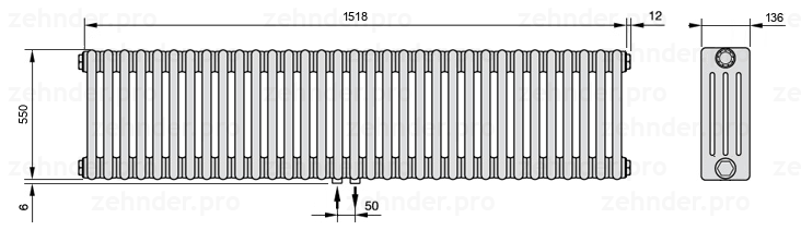 Схема (чертеж) Радиатор Zehnder Charleston 4055/33 №3470 Белый глянцевый RAL 9016